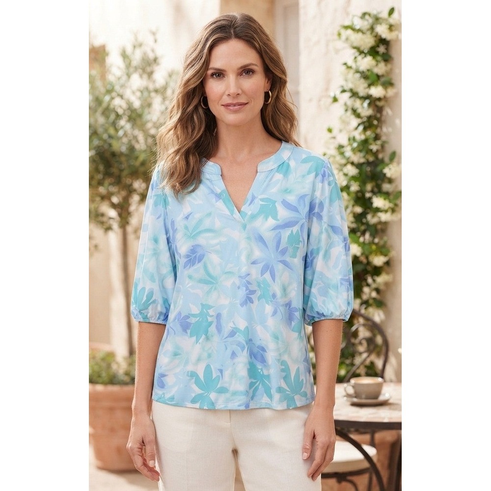 Susan Graver Tunic Floral Top Women's XL Blue Stretch Vacation Boho Liquid Knit